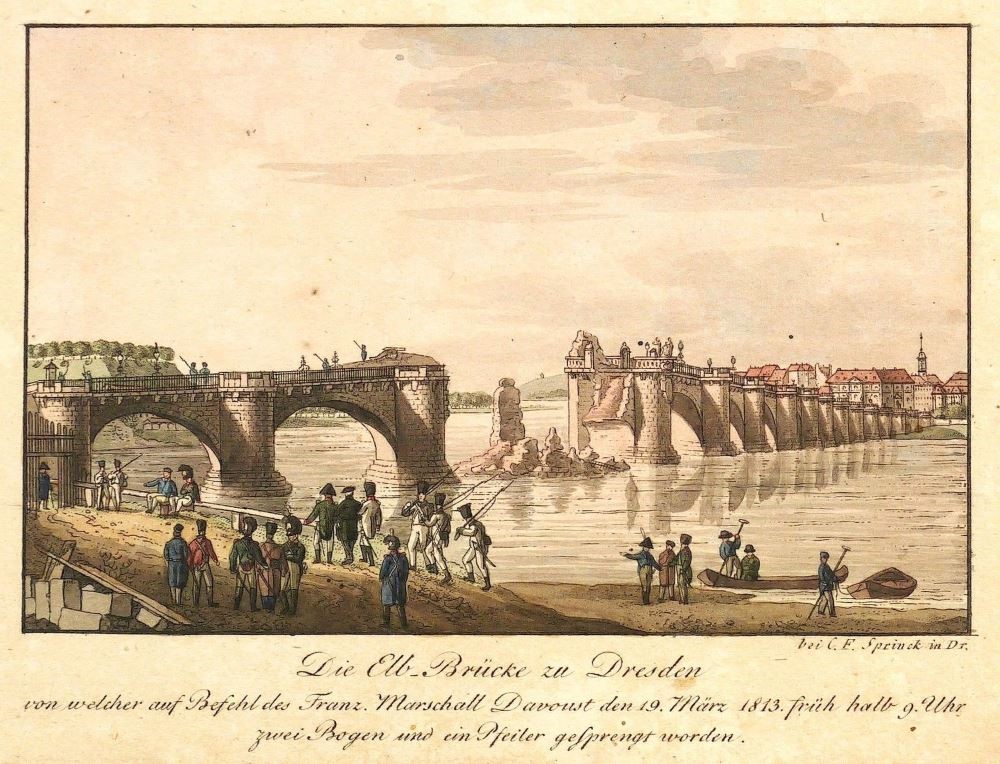 Alte Augustusbr&uuml;cke - Sprengung 1813  Dresden